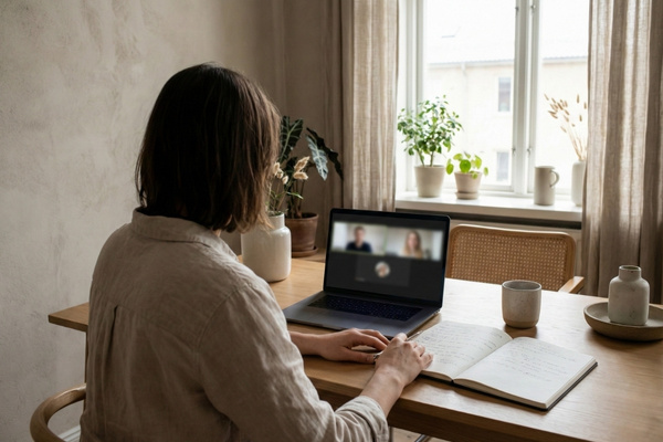 Pessoa em videochamada refletindo sobre relações familiares em atendimento de constelação familiar online.